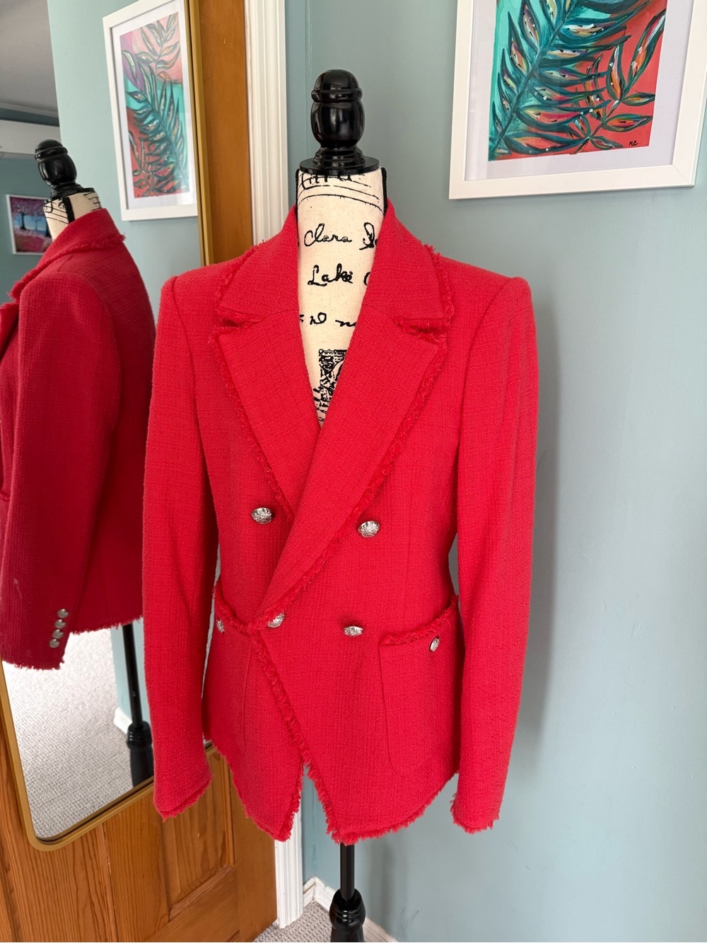 Veronica Beard Red Tweed Jacket with Pink-White Striped Lining